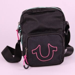 True Religion Mini Crossbody Bag – Black with Pink Logo & Aqua Accents